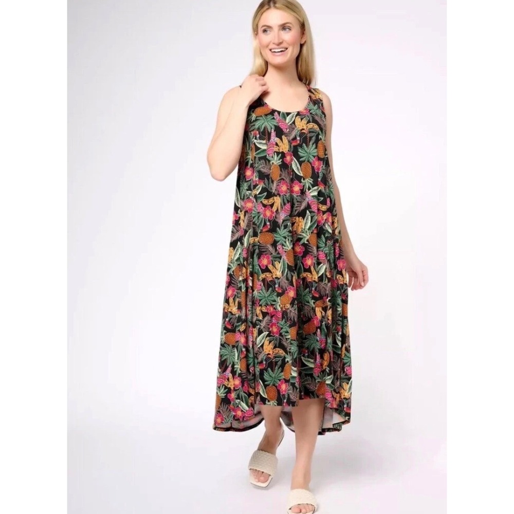 NWOT Cuddl Duds Womens Tropical Fruit Toucan Print High Low Maxi Swing Dress M